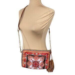 Chico's Crossbody Bag Purse Vinyl Scarf Print 10" X 7.5" Red Brown